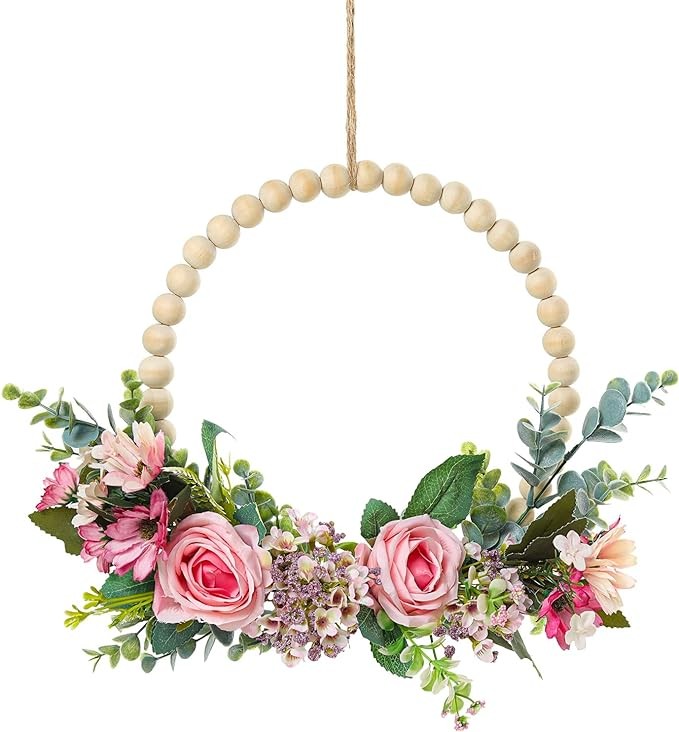 SWTHONY 13.8 Inch Spring Floral Wreath Boho Wall Decor – Hanging Wood Beads Fake Rose Flower Garland Farmhouse Wreath for Front Door- All Season Indoor/Outdoor Door Wreath and Window Decor