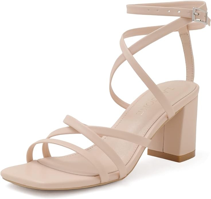 LACUONE Women's Mid Heels Square Toe Chunky Block Heeled Strappy Ankle Buckle Pump Sandals