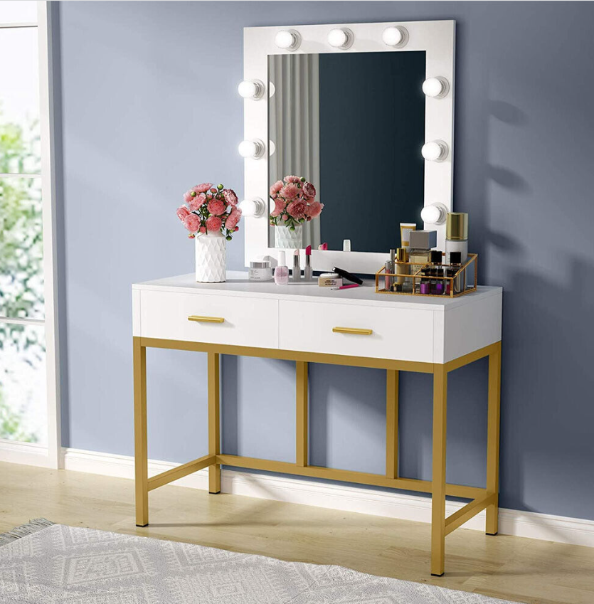 New Bedroom Makeup Vanity Set Dressing Table w/ 9 LED Light Dresser Desk White