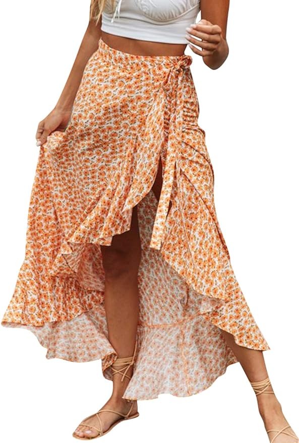 BerryGo Women's Boho Floral Wrap Maxi Skirt High Waisted Long Skirt with Slit