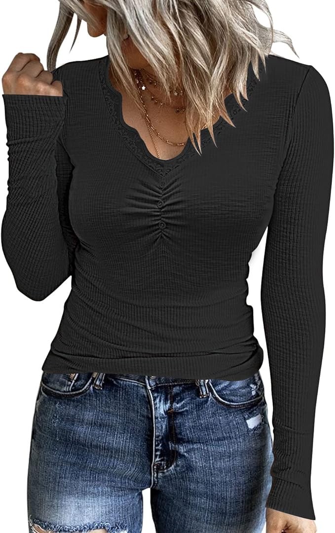uoDim Women's 2024 Short Sleeve Ribbed Knit Tops Ruched V Neck Henley Shirts Button Up Lace Trim Blouses Tee
