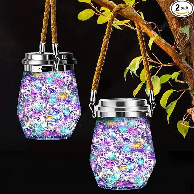 Keevvon Solar Lantern, Hanging Solar Lights Outdoor Waterproof 2 Pack, Upgraded 60 LED Lanterns Decorative Outdoor, Garden Decor for Patio Path Backyard Christmas Halloween, Multicolor