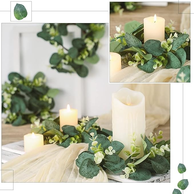 8 Pcs Candle Rings Artificial Eucalyptus Leaves Wreaths Candle Rings Wreaths Greenery Wreath Candle Rings for Pillars Boho Wreath Pillar Candleholders for Wedding Party Home Table Door(Vivid Style)