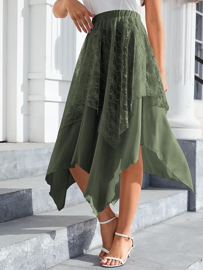 Verdusa Women's Lace Overlay Elastic Waist Asymmetrical High Low A Line Long Skirt