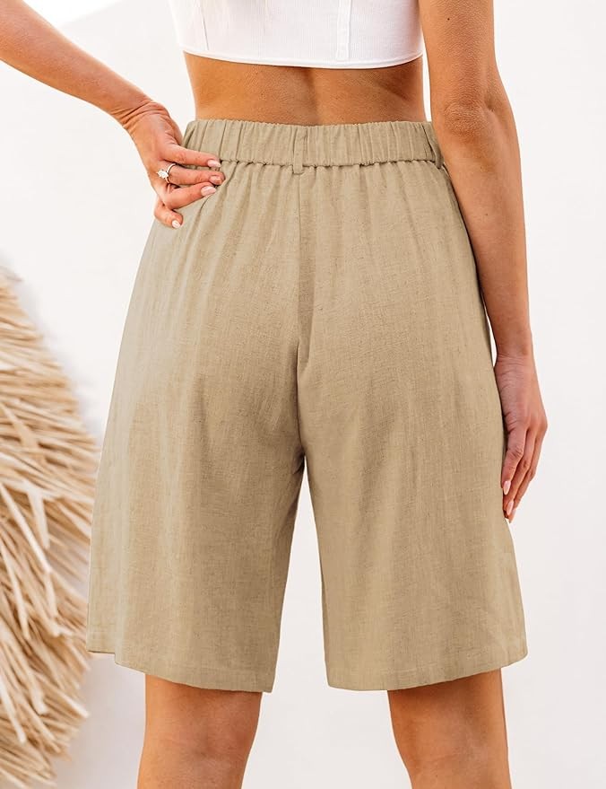 luvamia Bermuda Shorts for Women High Waisted Linen Dressy Casual Pleated Wide Leg Summer Shorts with Elastic Waist