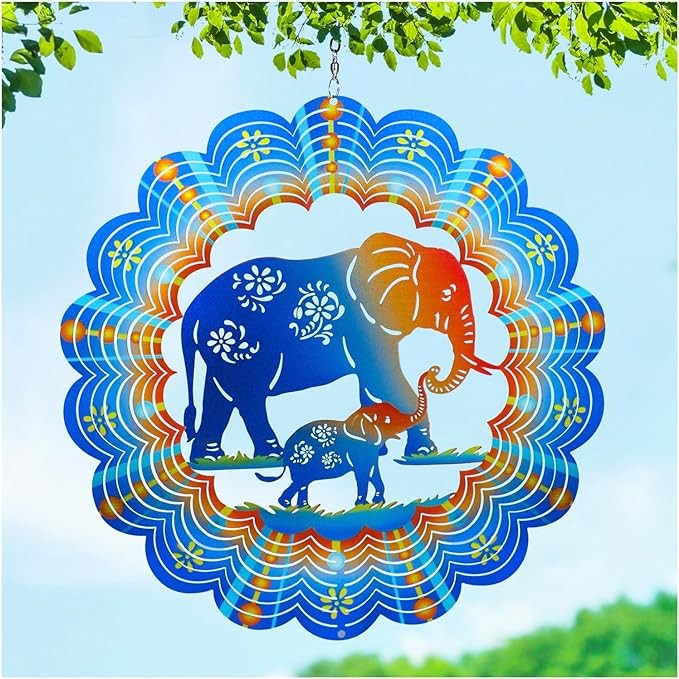 Elephant Wind Spinners Elephant Gifts for Women/Men 12 inch 3D Stainless Steel Hanging Wind Spinner Metal Wind Catchers Kinetic Sculpture for Indoor/Outdoor Decor, Yard Art, Garden Decorations