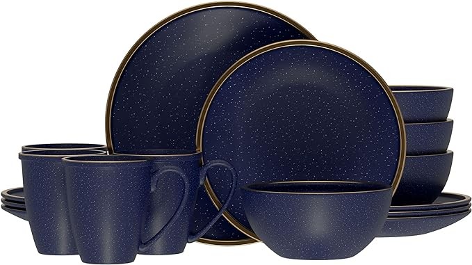 American Atelier Varda Round Dinnerware Set, Blue – 16-Piece Stoneware Dinner Party Collection 4 Dinner Plates, 4 Salad Plates, 4 Bowls & 4 Mugs (Cobalt)