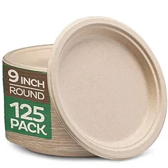 100% Compostable Paper Plates, Heavy Duty Disposable Plates [125-Pack] 9 Inch Plates - Eco-Friendly, Biodegradable Sugarcane Bagasse, Natural Unbleached Brown 9" Dinner Paper Plate Disposable