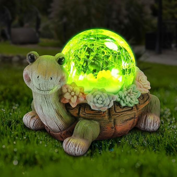 Vasesun Solar Turtle Garden Statue Lights for Outdoor Decor with Cracked Glass LED Figurine Lighting Resin Succulent Tortoise Decorations for Patio Lawn Yard Home Housewarming Mom Wowen Gifts