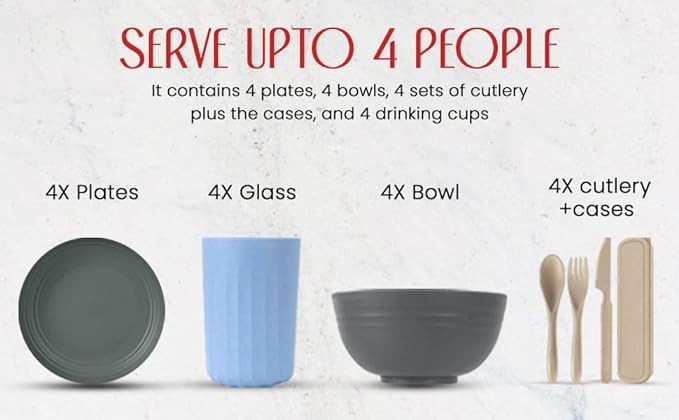 AR Kitchen Wheat Straw Dinnerware Set - 28-Pcs Unbreakable Dinnerware Set with Plates, Bowls, Cutlery, Drinking Cups - Eco-Friendly Natural Wheat Straw - Non-BPA Food-Grade Microwave-Safe Dinnerware