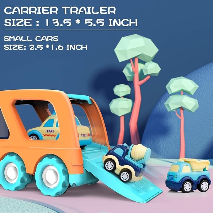 9 Pack Cars Toys for 2 3 4 5 Years Old Toddlers Boys & Girls Gift, Big Transport Truck with 8 Small Cute Pull Back Trucks, Carrier Truck with Sound & Light 13.5 * 5.5 inch, 2.5 *1.6 inch