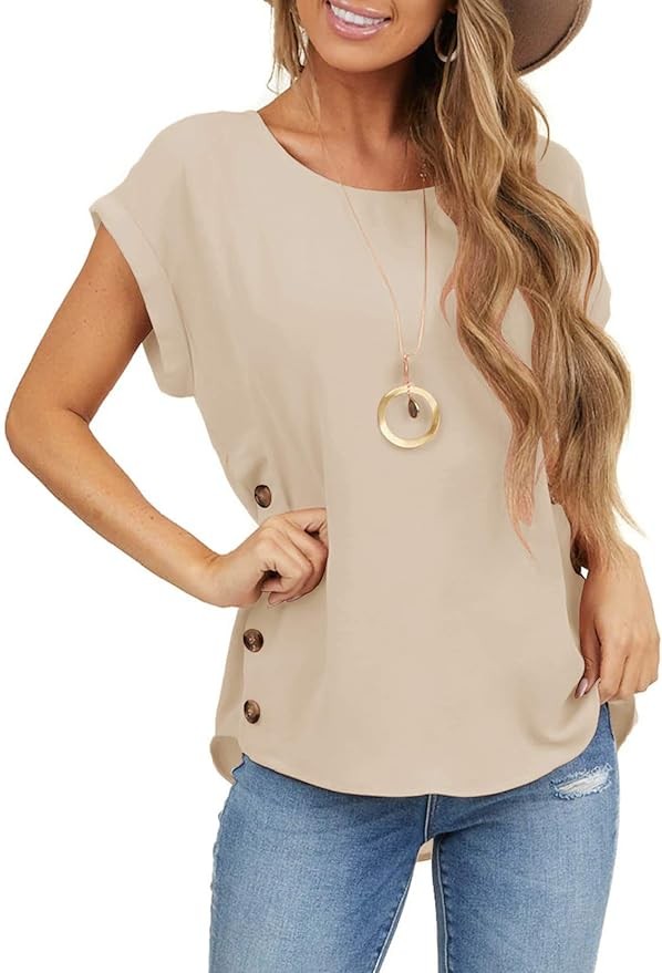 Limerose Women's Short Sleeve Tops Crew Neck Side Button Shirts Casual Loose Fit T-Shirt