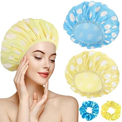 2 Packs Large Shower Cap, Waterproof Reusable Shower Cap Double Layers Hat Bath Caps with Hair Scrunchies for Home Spa Salon