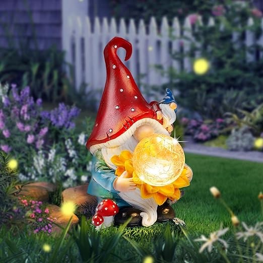 Solar Garden Decor Gnome Statues with Sunflower and Crackle Glass Globe Lights Gnome Outdoor Decorations for Garden Yard Patio Lawn, Unique Housewarming Gifts