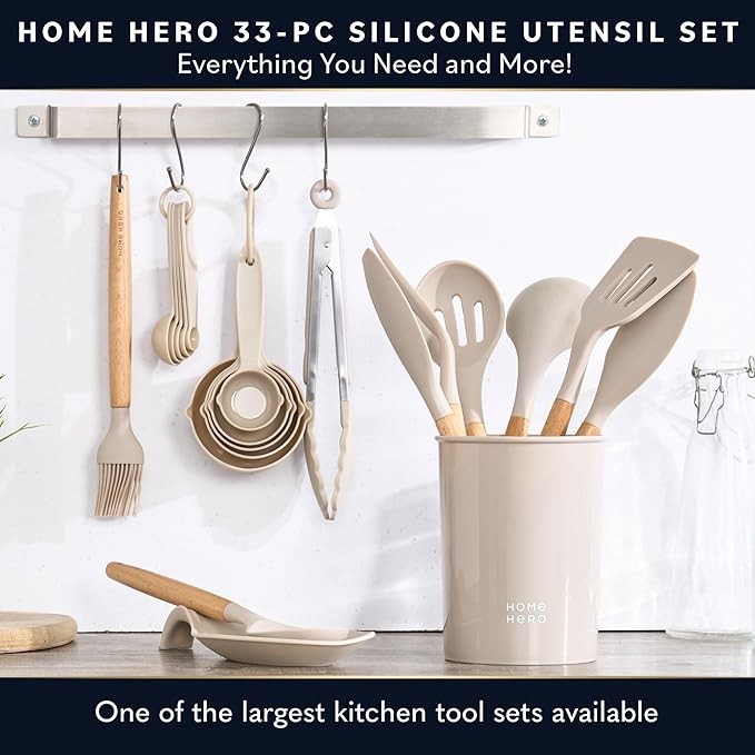 Home Hero Silicone Kitchen Utensils Set, Non-Stick Silicone Cooking Utensils Set with Spatula, Wooden Handle Spatula, Silicone Kitchen Gadgets Utensil Set (33 Pcs - Khaki)