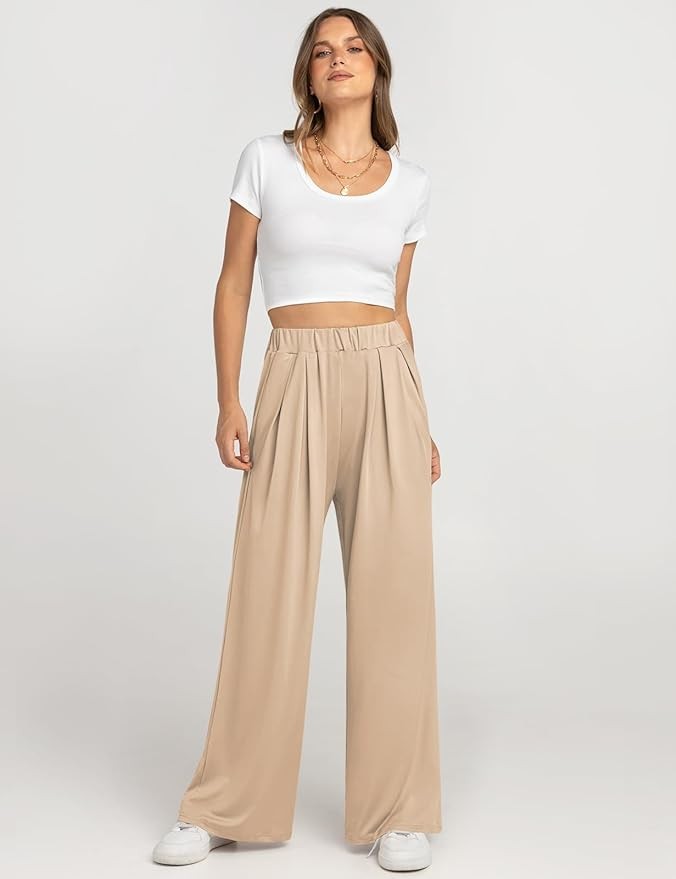 UEU Womens Wide Leg Palazzo Pants Casual High Waisted Flowy Lounge Pants with Pockets