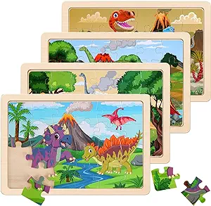 Wooden Puzzles Dinosaur Toys for Kids Ages 3-5, Set of 4 Packs Wood Jigsaw Puzzles, Preschool Educational Brain Teaser Boards for Boys and Girls 3 4 5 6 Years Old
