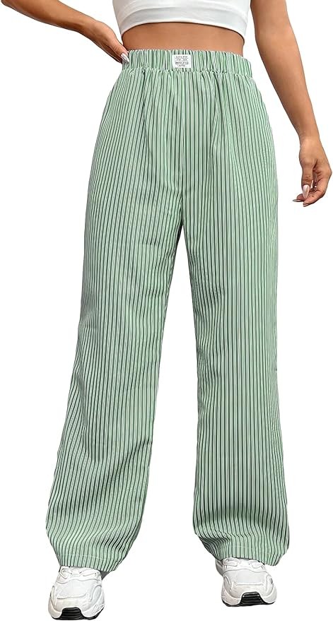 OYOANGLE Women's Straight Wide Leg Trousers Striped Print Letter Patched Detail High Waist Y2K Fashion Pants