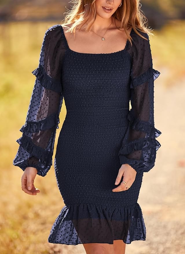 Pretty Garden Womens 2024 Fall Smocked Bodycon Long Sleeve Square Neck Swiss Dot Ruffle Mermaid Elegant Dress