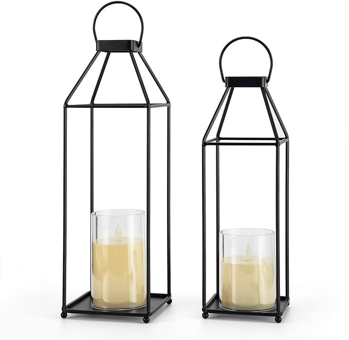 Lanterns Decorative Outdoor 2PCS Living Room Decor Lantern Black Metal Lantern Front Porch Decor Lanterns Decor Indoor with LED Candle Lanterns Decor No Glass for Indoor Outdoor (Small&Large, 2Pcs)
