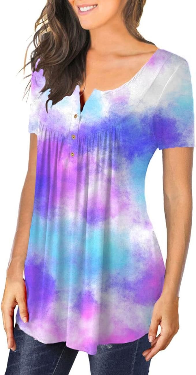 MAYAMANG Women's Floral Tunic Tops Casual Blouse V Neck Short Sleeve Buttons Up T-Shirts