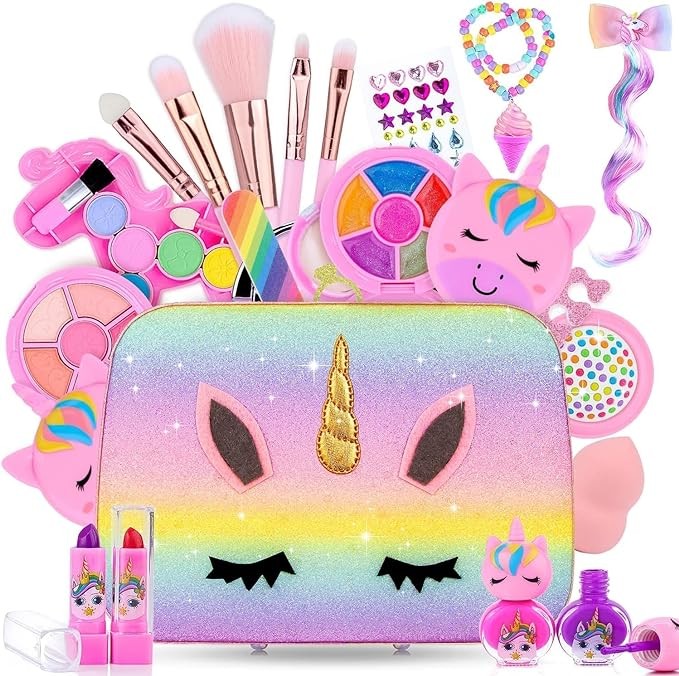 Travel Bag & Makeup Kit for Kids, Washable Cosmetic Set as Princess Birthday Gift Toy with Bag, Children Cosmetic Beauty Set for Girls Age 4 5 6 7 8 9 10 Year Old (Pink Bag)