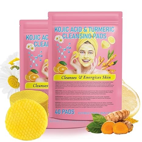 Turmeric Koji Acid Cleansing Pads with Vitamin B5, Vitamin C, for Face Dark Spots, Exfoliating-40PCS/ Pack of 2