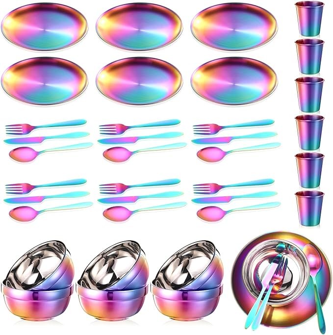 Honeydak 36 Pcs Stainless Steel Utensils Camping Tableware Kit Include Set of 6 Plate Bowl Cups Spoons Forks Knives Flatware Set for Backpacking Camping Hiking and Picnic(Rainbow Color)
