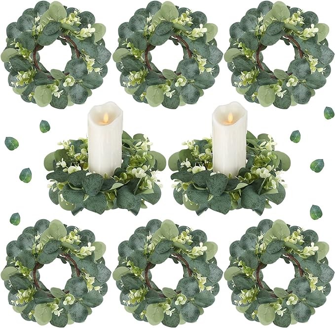 8 Pcs Candle Rings Artificial Eucalyptus Leaves Wreaths Candle Rings Wreaths Greenery Wreath Candle Rings for Pillars Boho Wreath Pillar Candleholders for Wedding Party Home Table Door(Vivid Style)