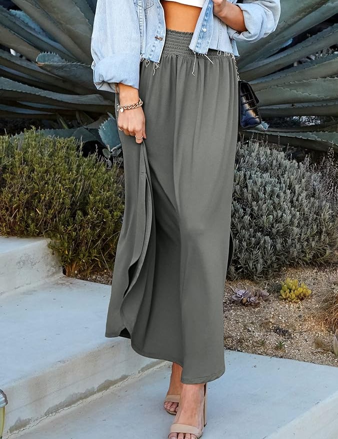 DOUBLJU Casual High Waisted Maxi Skirts with Pockets Elastic Wide Waist Band Side Deep Slit Skirt for Womens with Plus Size