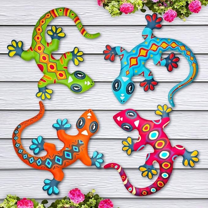 Kggetr Metal Gecko Wall Art Decor- Outdoor Lizards Hanging Decoration for Garden Yard Fence Patio Balcony,Gift for Mom Dad Friends(4 Pack)