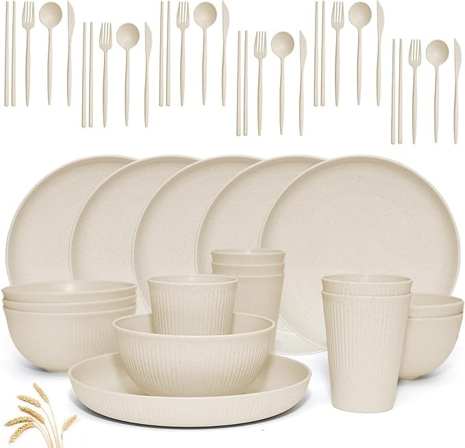 Wheat Straw Dinnerware Sets -DAPIPIK 42 Piece Unbreakable Dinnerware Sets for 6, Kitchen Plates and Bowls Set, Lightweight Camping Plates Cups and Bowls Set.Dishwasher Microwave Safe Dinnerware