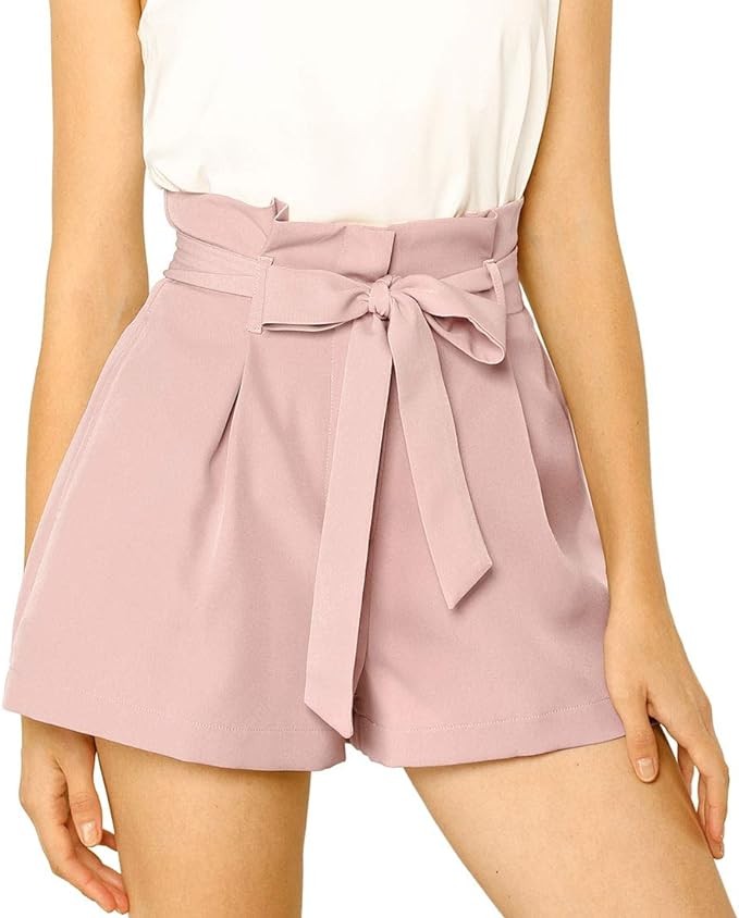 Allegra K Women's Bow Tie High Waist Short Paper Bag Shorts