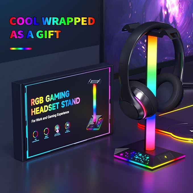 Gaming Headphone Stand PC Accessories - RGB Headset Stand with 2 USB Charger, Cool LED Headphone Holder PC Gaming Accessories Gift for Boys Men Gamers, Computer Game Hardware for Desk