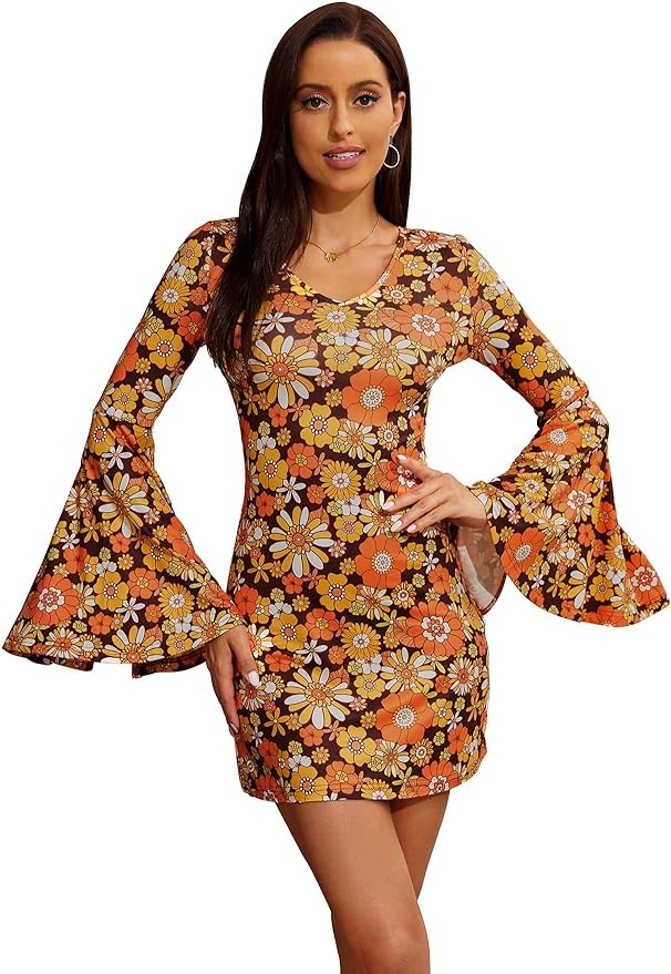 Verdusa Women's Floral Print Bell Long Sleeve V Neck Mini Bodycon Dress