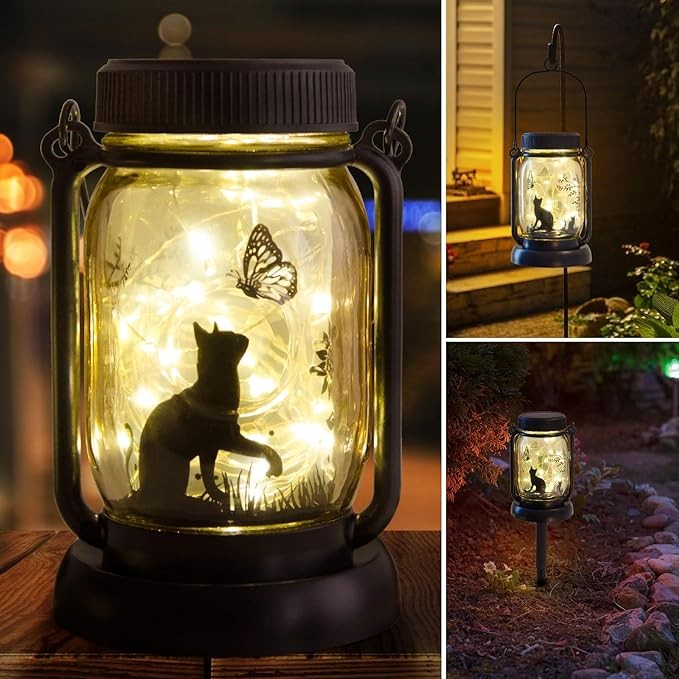 Cat Lantern Garden Light Garden Decor, Cat Gifts Garden Gifts Gifts for Women Gifts for Woman Gifts for Mom Gifts for Grandma Jar Light Gifts for Friends Cat Gifts for Cat Lover Cat Decor Garden Decor