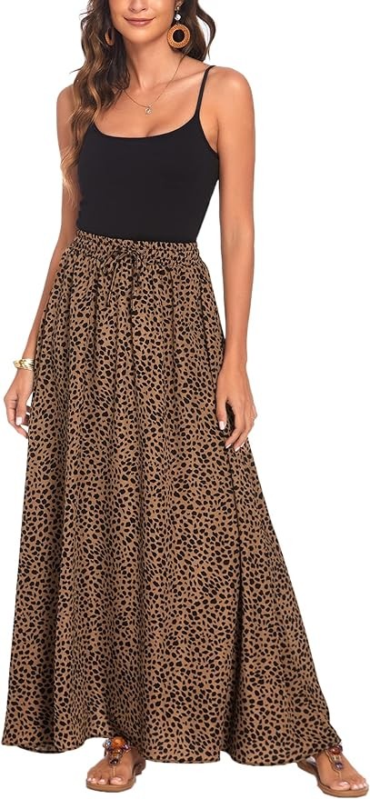 Bluetime Women Leopard Print Long Skirts Chiffon Summer Beach Pleated Elastic High Waisted Maxi Skirts