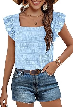 MEROKEETY Women's 2024 Summer Ruffle Cap Sleeve Blouse Square Neck Textured Shirt Dressy Casual Tops