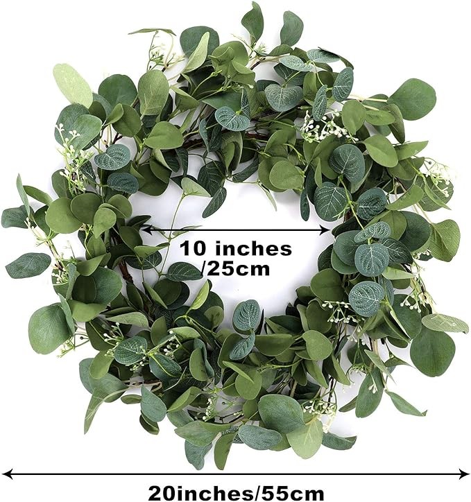 20 Inch Green Eucalyptus Wreath Artificial Hanging Greenery Wreath Ornament for Front Door Year Round Eucalyptus Leaves Garland Wreath (Warm Style