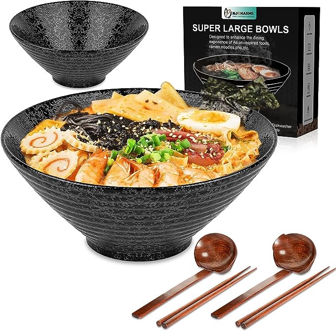 NJCHARMS Ceramic Ramen Bowl Set of 2, 60 oz Japanese Noodle Soup Bowls with Spoons and Chopsticks for Ramen Soup Pho Udon Asian Noodles, Large Noodle Bowls