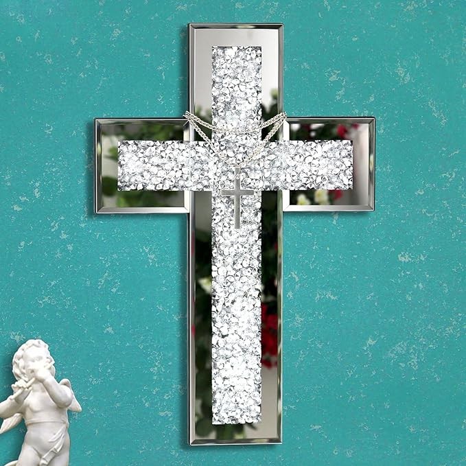 GIMORRTO Mirrored Cross Wall Decor - Crushed Diamond-Embedded Glass Mirror 15x10 inch