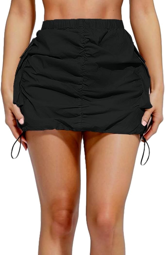 Womens Cargo Skirt Y2K - Casual Summer High Waisted Bodycon Pencil Ruched Mini Skirts Side Drawstring and Pockets