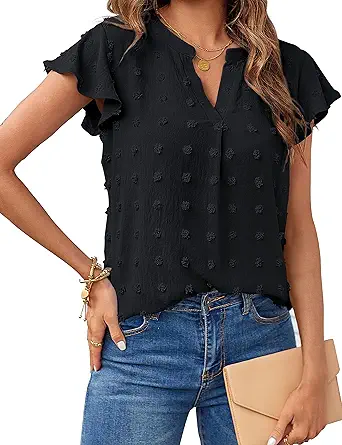 MEROKEETY Women 2024 Summer V Neck Ruffle Short Sleeve Blouse Swiss Dot Flowy Shirt Tunic Top