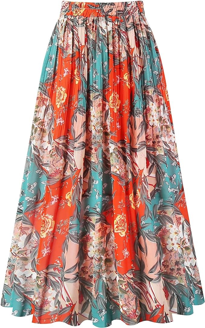 Kingfancy Women's Pleated Skirt Chiffon Elastic Waist A-Line Midi Length Skirt